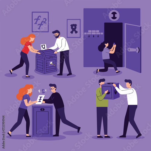 People solve puzzles and unlock chests in a minimalist purple room