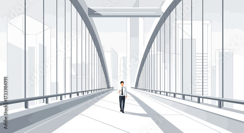Businessman on bridge in abstract city landscape modern architectural style illustration