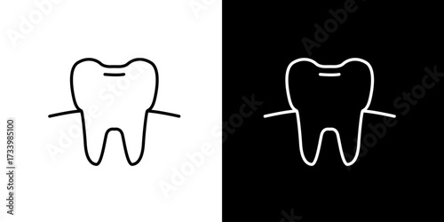 Simple line art icon representing a healthy human tooth with roots, perfect for dental health, hygiene, and medical applications on both light and dark backgrounds