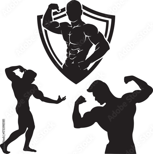 Muscular man flexing arms showing biceps and chest silhouette vector