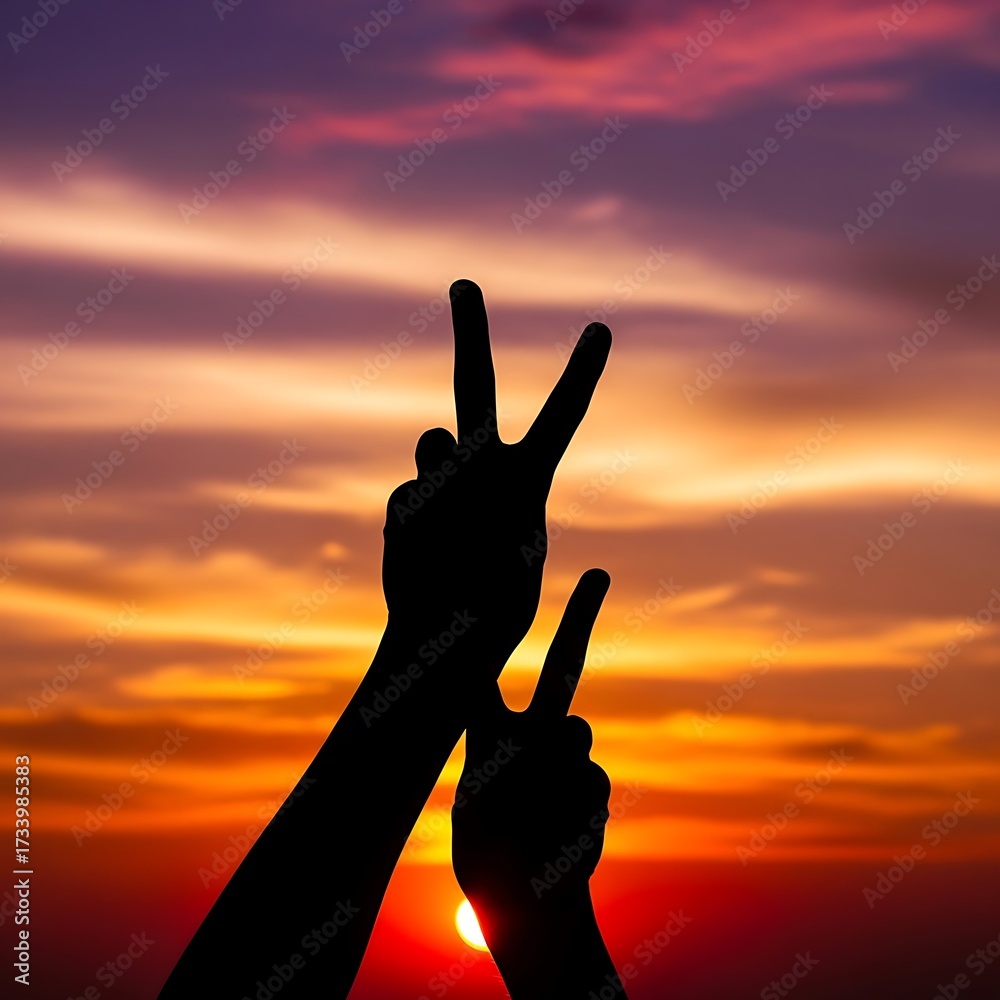 Fototapeta premium Silhouetted hand gestures expressing peace and triumph against a vibrant sunset sky