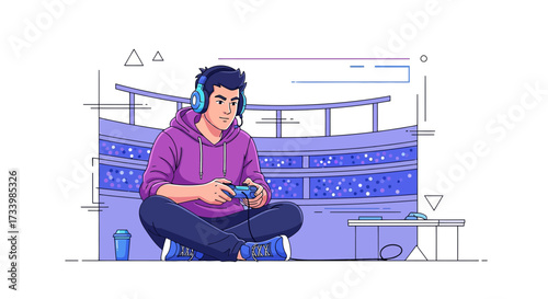 Cartoon gamer immersed in virtual world with stadium background in the illustration