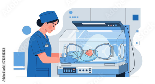 Caring Nurse Attends to Newborn Baby in Incubator Depicting Neonatal Intensive Care Unit