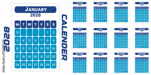 2028 Monthly Calendar Template Printable Planner for Organization Scheduling Year Round Dates Blue Easy Download