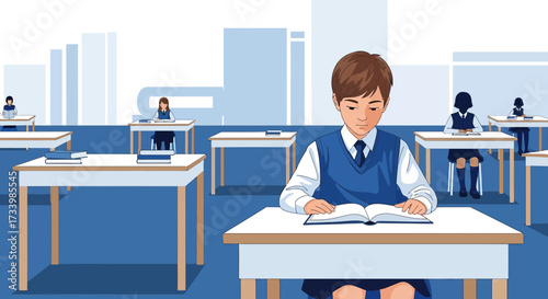 Cartoon illustration of students in classroom learning and reading books at desks in school