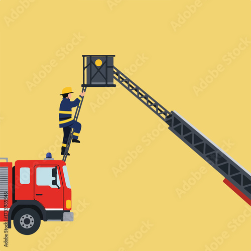 Firefighter climbing ladder on truck towards elevated platform