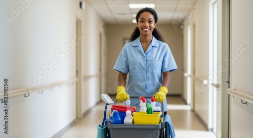 Female cleaner pushes cart with cleaning supplies in hospital corridor. Professional housekeeping for health care facility.