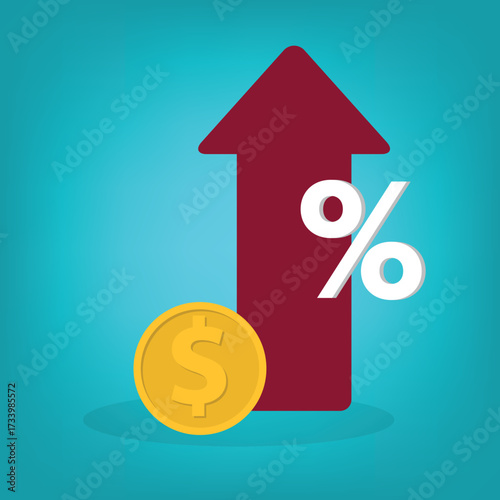 Increased income or revenue, capital gain, increased sales turnover, dollar and arrow with percentage sign