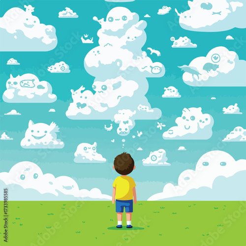 Young boy looks up at sky filled with playful clouds shaped like animals and creatures