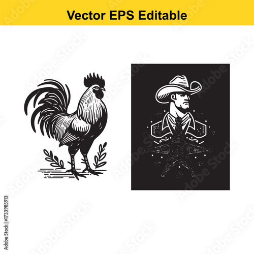 Rooster and cowboy illustration isolated on white background