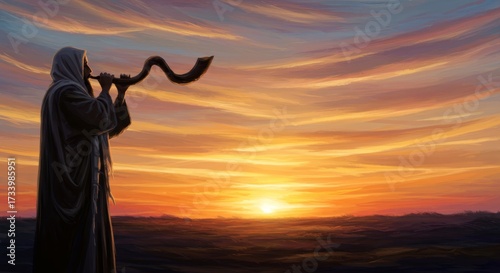 Man blowing shofar during sunset. Jewish holiday concept with spiritual ritual and vibrant golden sky. Rosh Hashanah celebration.