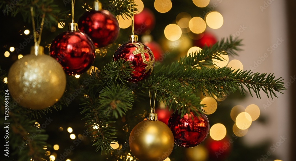 Fototapeta premium Christmas tree ornaments with red and gold baubles and festive lights bokeh