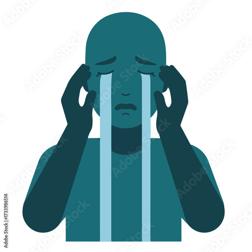 Distressed figure crying with hands clasped to head