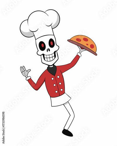 Skeleton Chef Flipping Pizza Cooking Art On White Background