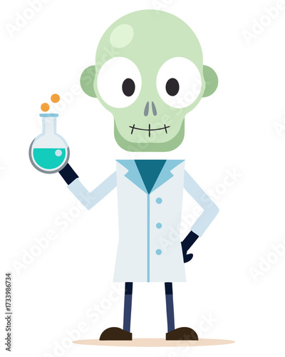 Skeleton Scientist With Beaker Cartoon Art On White Background