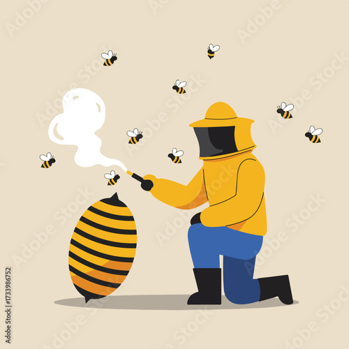 Beekeeper with protective gear tending to a large bee, surrounded by smaller flying bees