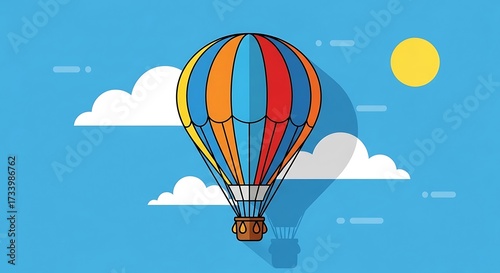 Vibrant hot air balloon soaring through fluffy clouds under a bright yellow sun vector illustration