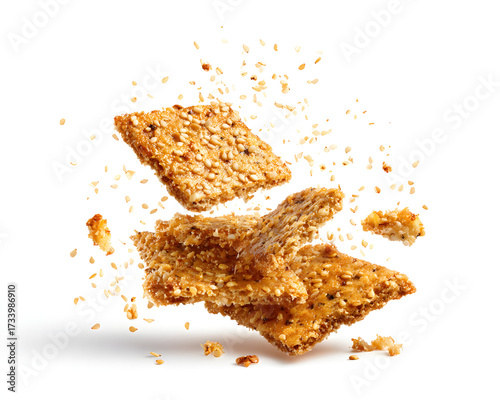 Delicious sesame seed crackers breaking apart with crumbs flying, golden crispy texture, isolated on white background.
