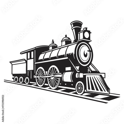 Black and white illustration of a historical steam locomotive on railroad tracks side view steam train