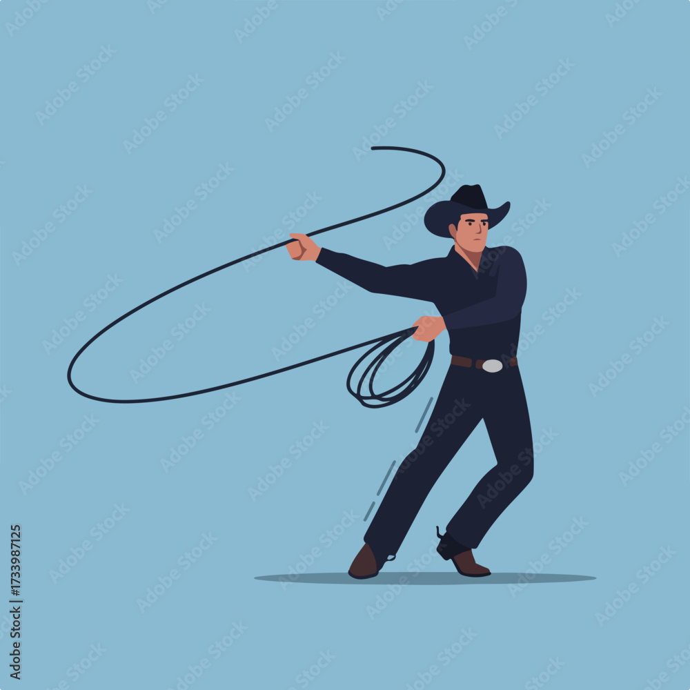 Obraz premium A cowboy in a dark outfit twirls a lasso against a solid blue backdrop