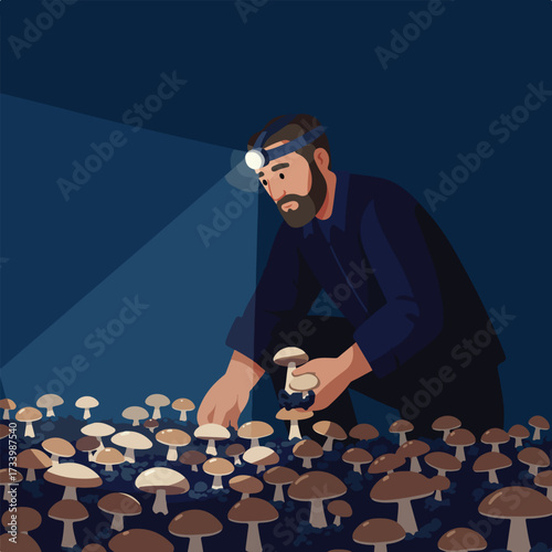 Man wearing headlamp harvests mushrooms in dark forest ground