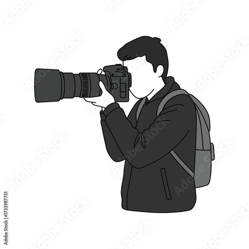Photographer with a telephoto lens taking a picture vector illustration in flat design isolated on white background