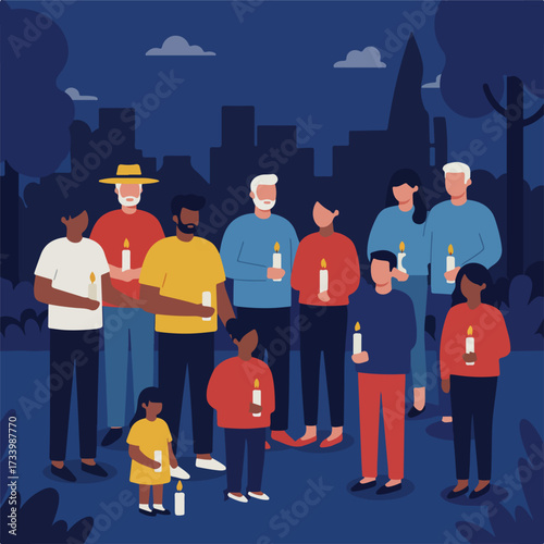 Diverse group of people holding candles in a city park at night