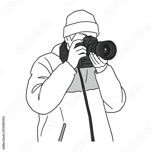 Line art illustration of a photographer taking a picture wearing a beanie and jacket isolated on white background