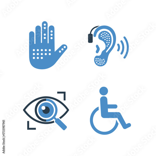 Accessibility icons representing visual, auditory, and mobility impairments for inclusivity.