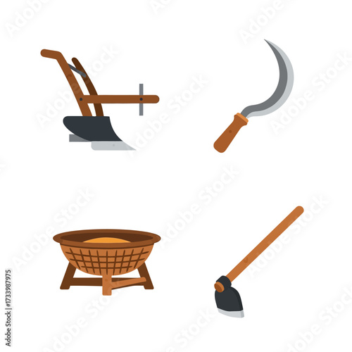 Agricultural Tools - Plow, Sickle, Basket, and Hoe Illustration.