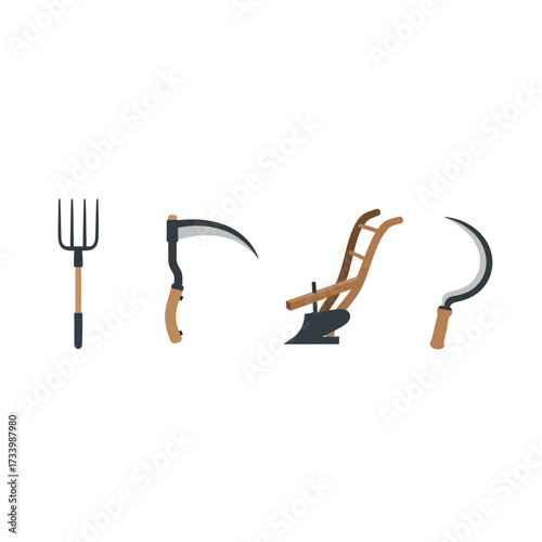 Agricultural tools collection featuring pitchfork sickle plow and scythe for farming.
