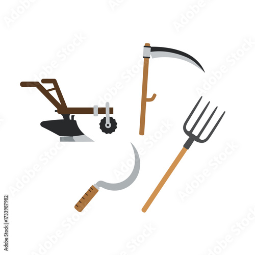 Agricultural tools collection featuring plow, scythe, sickle, and pitchfork.