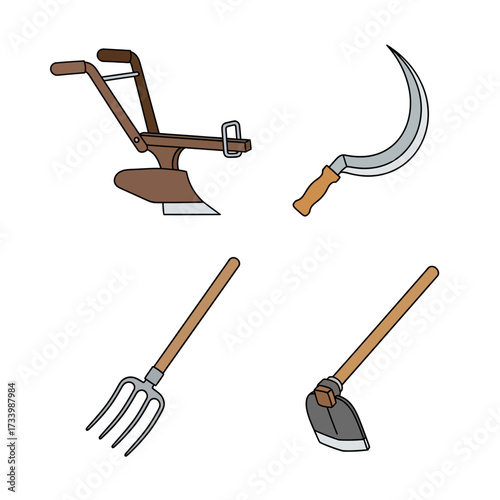 Agricultural tools collection for farming and gardening activities.