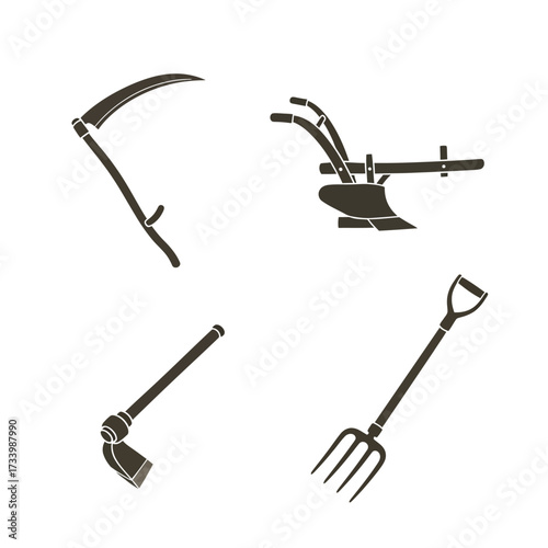 Agricultural tools collection featuring scythe, plow, hoe, and pitchfork for farming.