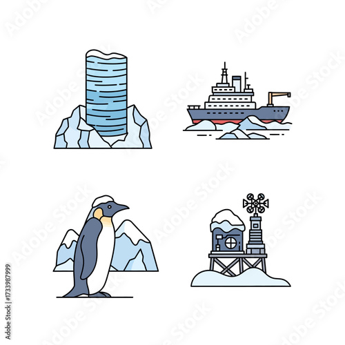 Antarctic Exploration and Research Color Line Icons Set.
