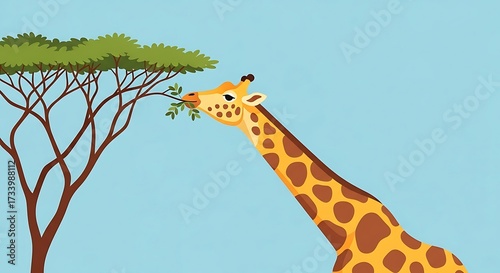 Whimsical giraffe illustration enjoying treetop meal beneath azure sky backdrop showcasing stylized savanna wildlife