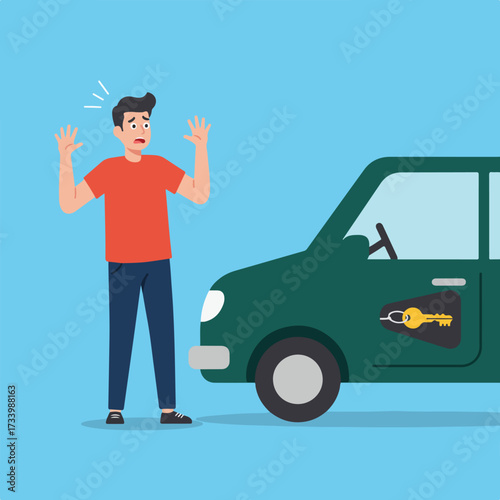 Panicked man with hands up near car with a key symbol