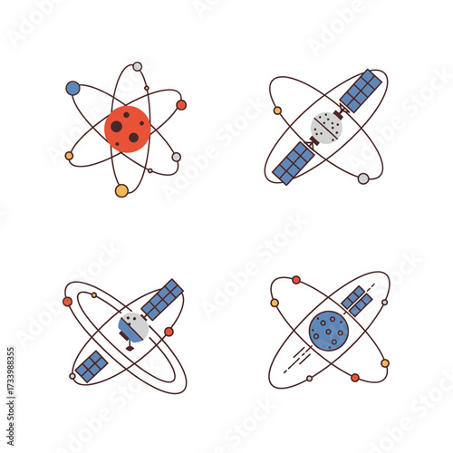 Atomic orbital diagrams representing celestial bodies and satellites.