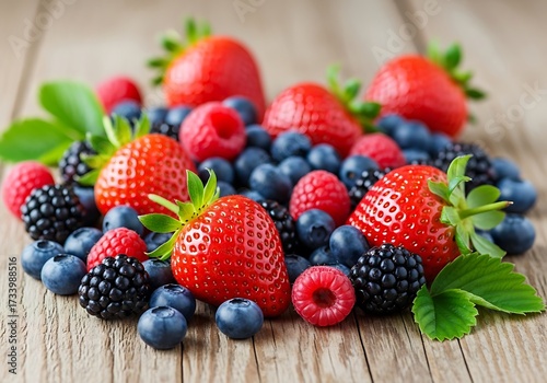 Vibrant assortment of fresh summer berries on rustic wood surface delivering antioxidants
