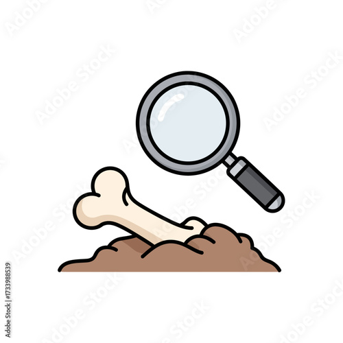 Cartoon depiction of an archaeological dig site with a bone and magnifying glass.