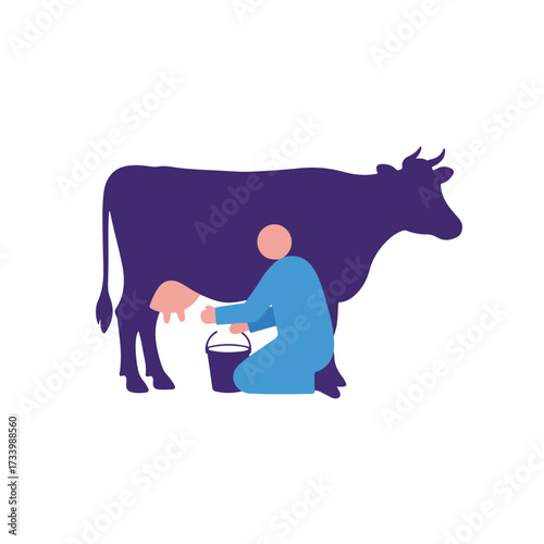 Person milks cow into bucket, abstract illustration