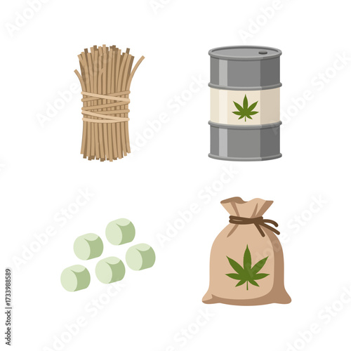 Cannabis Products - Bundle, Barrel, Candies, and Bag with Marijuana Leaf.