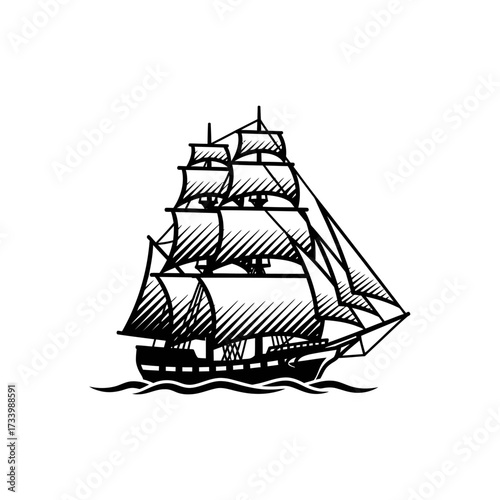 Classic tall sailing ship illustration in a vintage woodcut style.
