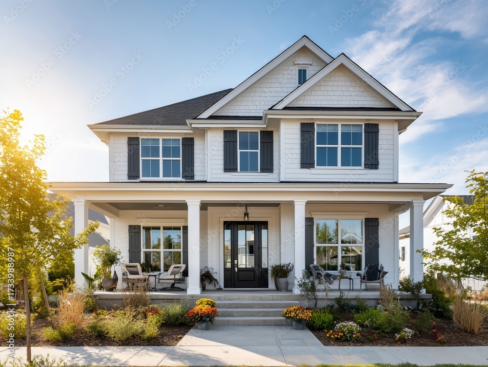Fototapeta premium Exterior view of a beautiful, modern two-story suburban house with white siding, dark shutters, a large covered porch, and a sunny landscaped front yard.