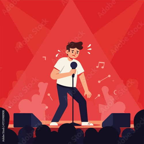 Nervous performer holding microphone on stage under red spotlight