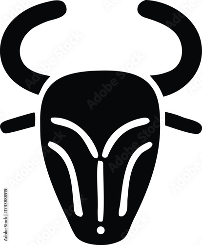 Bold black taurus zodiac sign symbol silhouette of a bull's head with powerful horns and stylized features