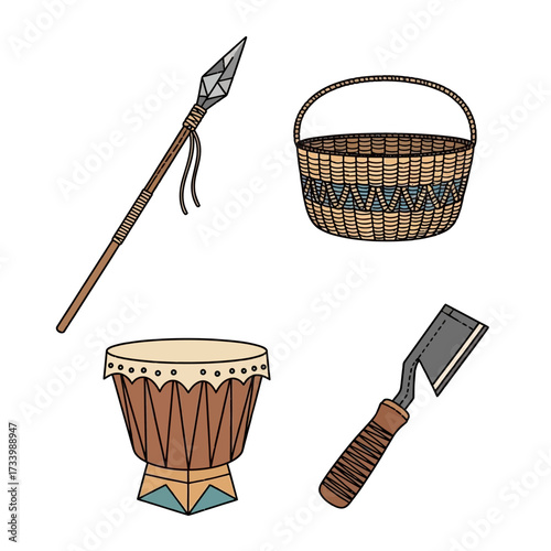 Collection of African tribal artifacts including a spear drum basket and tool.