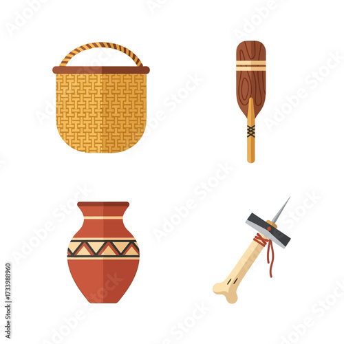 Collection of ancient tribal artifacts including a basket a vase and tools.