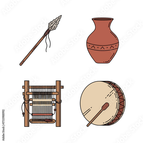 Collection of Ancient Primitive Tools and Cultural Artifacts.