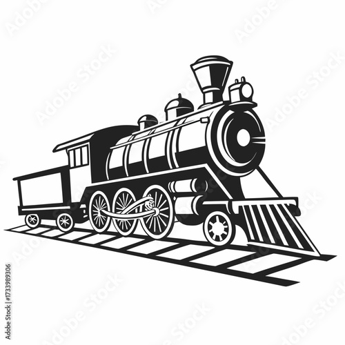 Black and white vector art of a vintage steam train with tender on railroad tracks locomotive
